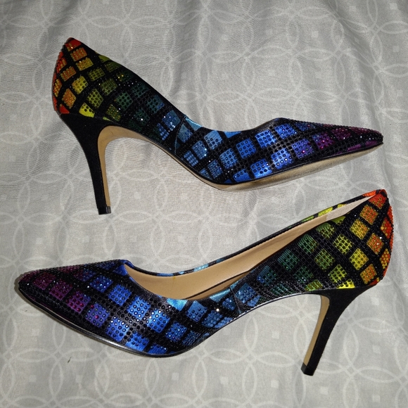Rainbow Rhinestone Black Diamond Pattern Heels Size 6 - Picture 2 of 7